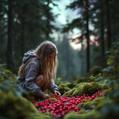 The primary subject of the image is a woman with blonde hair, wearing a gray hoodie, and kneeling down in a forest. She is surrounded by a variety of red berries, which are scattered throughout the scene. The setting is a forest with trees in the background, creating a serene and natural atmosphere. The visual style of the image is a photo, capturing the woman and the berries in their natural environment. The colors and mood of the image are predominantly warm and earthy, with the red